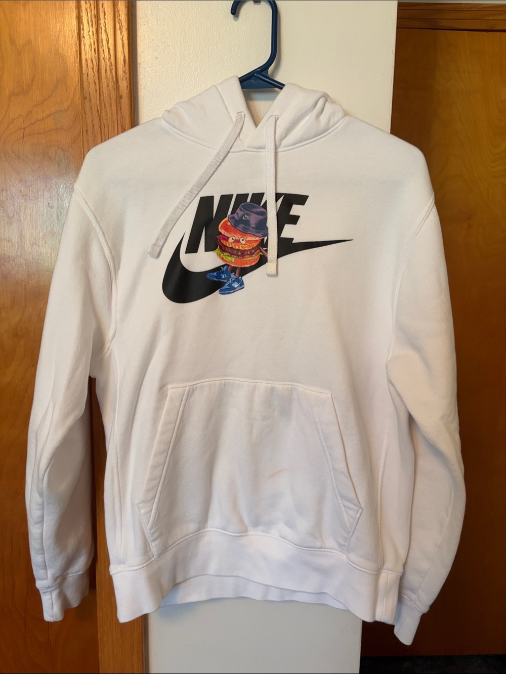 Nike White Crewneck Hoodie with Black Swoosh and Colorful Graphic